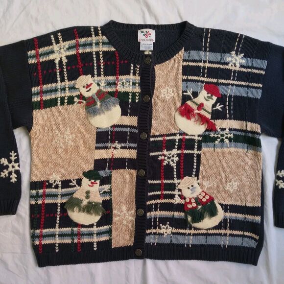 Vintage Nutcracker Christmas Holiday Party Cardigan Sweater Navy Snowmen Size L - Picture 2 of 15